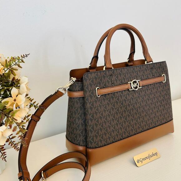 Michael Kors Purse & Wallet Reed Large Logo Belted Satchel Brown MK - Picture 2 of 12